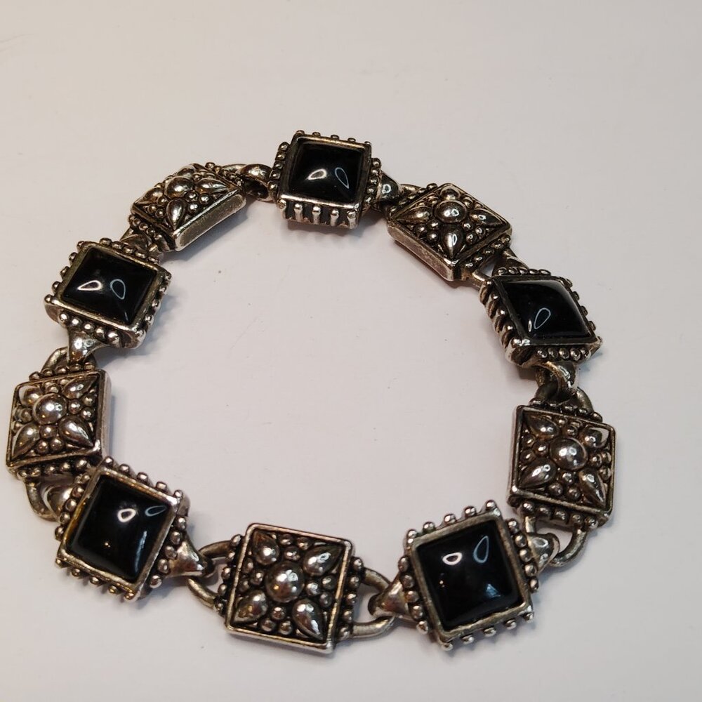 Vintage Silver Tone Bracelet with Black Cabochons and Magnetic Clasp